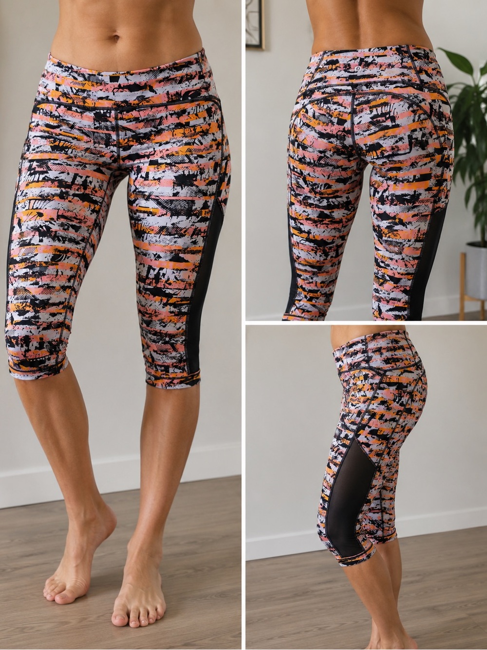 Lululemon Multicolor Printed Cropped Leggings Size 8 Mesh Panel Workout Capris